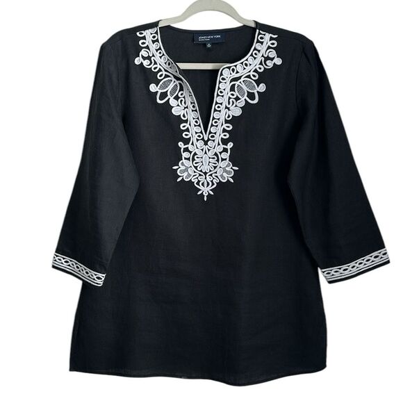 JONES NEW YORK Linen Split Neck Tunic Top Blouse Black Soutache Embroidery Sz. M - Picture 1 of 10